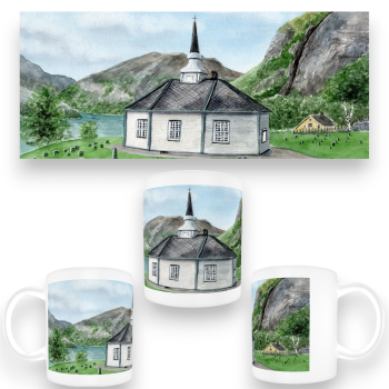 Cup Coffee Cup Mug watercolor art print Norway Norge Geiranger Fjord Church