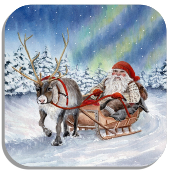 Coasters glass coasters 9,5 x  9,5 cm watercolor art print Norway Norge Christmas Santa Claus Julenisse Polarlights