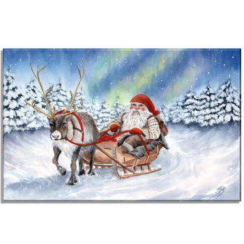 Stretcher frame canvas 30 x 20 cm linen  watercolor art print Norway Norge Christmas Santa Claus Julenisse Polarlights