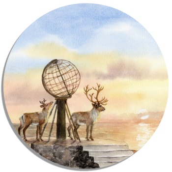 Untersetzer Glasuntersetzer rund 9,5 cm Aquarell Kunst Druck Kunstdruck Norwegen Norge Norway  Nordkapp Nordkap Globus Mittsommer Rentier