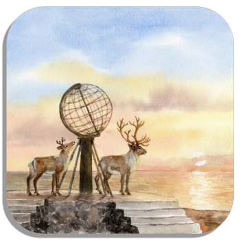 Untersetzer Glasuntersetzer 9,5 x 9,5 cm Aquarell Kunst Druck Kunstdruck Norwegen Norge Norway  Nordkapp Nordkap Globus Mittsommer Rentier