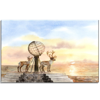 Leinwand 30 x 20 cm Keilrahmen Canvas-Leinen Aquarell Kunst Druck Kunstdruck Norwegen Norge Norway  Nordkapp Nordkap Globus Mittsommer Rentier