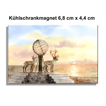Kühlschrankmagnet  Aquarell Kunst Druck Kunstdruck Norwegen Norge Norway  Nordkapp Nordkap Globus Mittsommer Rentier