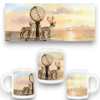 Tasse Becher Kaffeebecher  Aquarell Kunst Druck Kunstdruck Norwegen Norge Norway  Nordkapp Nordkap Globus Mittsommer Rentier