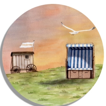Untersetzer Glasuntersetzer rund 9,5 cm Aquarell Maritim Kunst Druck Kunstdruck Nordsee Insel Norderney Strandkorb Badekarren Strand Meer Dünen