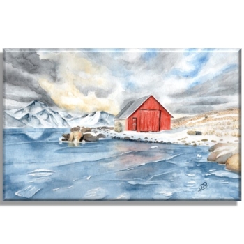 Stretcher frame canvas 30 x 20 cm linen  watercolor art print Norway Norge Icefjord Fjord Glacier House by the lake