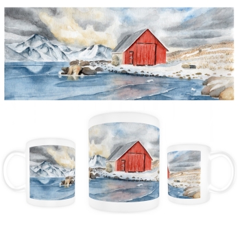 Cup Coffee Cup Mug  watercolor art print Norway Norge Icefjord Fjord Glacier House by the lake
