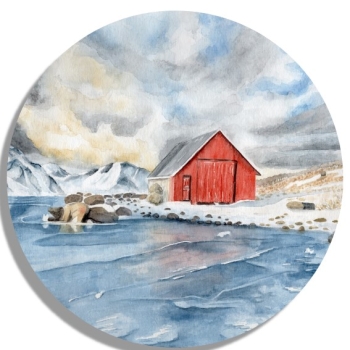 Coasters glass coasters 9,5 x  9,5 cm watercolor art print Norway Norge Icefjord Fjord Glacier House by the lake