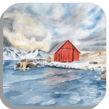 Coasters glass coasters 9,5 x  9,5 cm  watercolor art print Norway Norge Icefjord Fjord Glacier House by the lake