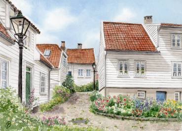 Postkarte DIN-A6 Aquarell Kunst Druck Kunstdruck Norwegen Norge Norway Gamle Stavanger - NO20