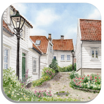 Untersetzer Glasuntersetzer 9,5 x 9,5 cm Aquarell Kunst Druck Kunstdruck Norwegen Norge Norway Gamle Stavanger - NO20