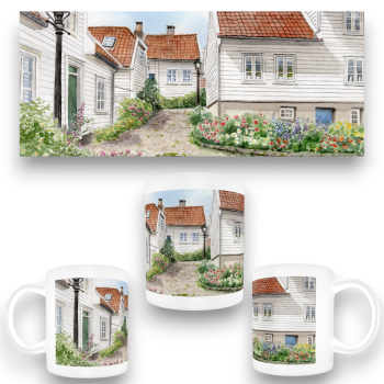 Tasse Becher Kaffeebecher  Aquarell Kunst Druck Kunstdruck Norwegen Norge Norway Gamle Stavanger - NO20