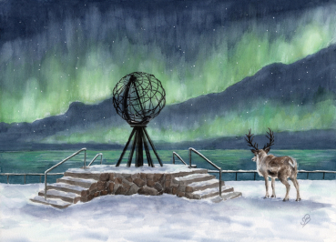 Postcard DIN-A6 Watercolor Art Print Norway Norge Norway Nordkapp North Cape Globe Northern Lights