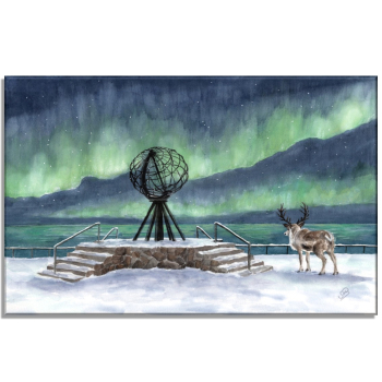 Stretcher frame canvas 30 x 20 cm linen Watercolor Art Print Norway Norge Norway Nordkapp North Cape Globe Northern Lights