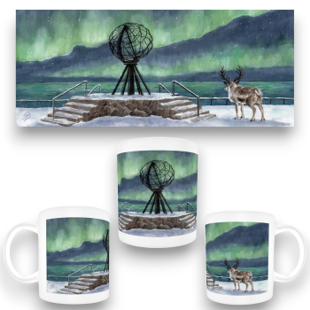 Cup Coffee Cup Mug  Watercolor Art Print Norway Norge Norway Nordkapp North Cape Globe Northern Lights