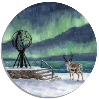 Coasters glass coasters 9,5 x  9,5 cm Watercolor Art Print Norway Norge Norway Nordkapp North Cape Globe Northern Lights