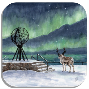 Coasters glass coasters 9,5 x  9,5 cm  Watercolor Art Print Norway Norge Norway Nordkapp North Cape Globe Northern Lights