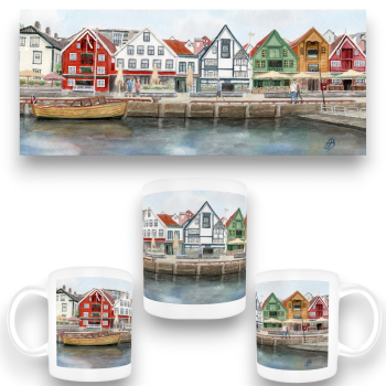 Tasse Becher Kaffeebecher  Aquarell Kunst Druck Kunstdruck Norwegen Norge Norway bunte Häuser Hafen  Stavanger