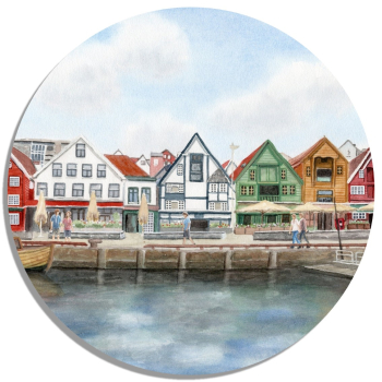 Untersetzer Glasuntersetzer rund 9,5 cm Aquarell Kunst Druck Kunstdruck Norwegen Norge Norway bunte Häuser Hafen  Stavanger