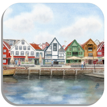 Untersetzer Glasuntersetzer 9,5 x 9,5 cm Aquarell Kunst Druck Kunstdruck Norwegen Norge Norway bunte Häuser Hafen  Stavanger