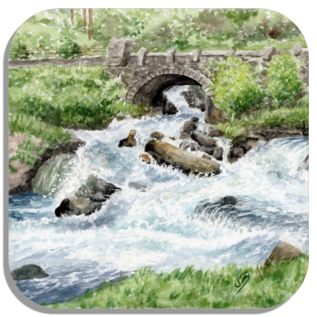 Coasters glass coasters 9,5 x  9,5 cm watercolor art print Norway Norge Geiranger Fjord River with waterfall