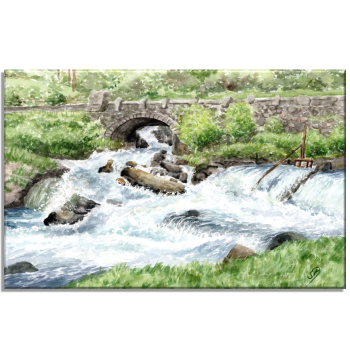 Stretcher frame canvas 30 x 20 cm linen  watercolor art print Norway Norge Geiranger Fjord River with waterfall