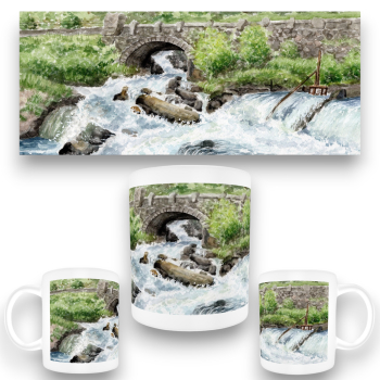 Cup Coffee Cup Mug watercolor art print Norway Norge Geiranger Fjord River with waterfall