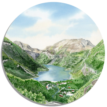 Untersetzer Glasuntersetzer rund 9,5 cm Aquarell Kunst Druck Kunstdruck Norwegen Norge Norway Geiranger Fjord Geiranger Fjord - NO24