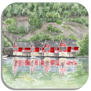 Coasters glass coasters 9,5 x  9,5 cm watercolor art print Norway Norge Aurlandsfjord - Flåm Flam