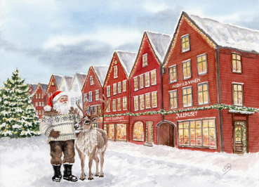 Postcard DIN-A6  watercolor art print Norway Norge Bergen Bryggen - Julehuset - Christmas