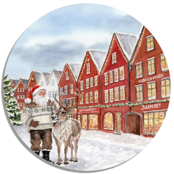 Coasters glass coasters 9,5 x  9,5 cm watercolor art print Norway Norge Bergen Bryggen - Julehuset - Christmas