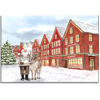 Stretcher frame canvas 30 x 20 cm linen  watercolor art print Norway Norge Bergen Bryggen - Julehuset - Christmas
