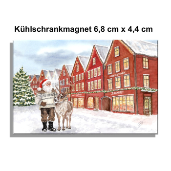 Fridge magnet watercolor art print Norway Norge Bergen Bryggen - Julehuset - Christmas