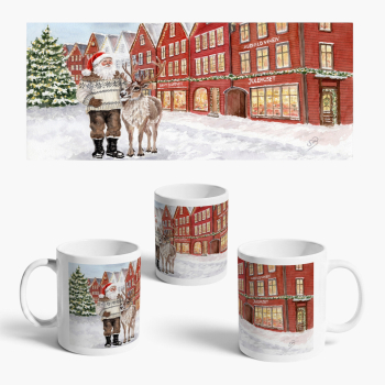 Cup Coffee Cup Mug watercolor art print Norway Norge Bergen Bryggen - Julehuset - Christmas