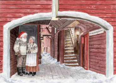 Postcard DIN-A6  watercolor art print Norway Norge Bergen Bryggen - Julehuset - Christmas