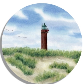 Untersetzer Glasuntersetzer rund 9,5 cm Aquarell Maritim Kunst Druck Kunstdruck Nordsee Norderney Leuchtturm Insel Strand Düne