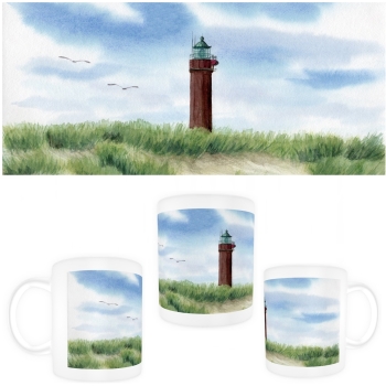 Tasse Becher Kaffeebecher Aquarell Maritim Kunst Druck Kunstdruck Nordsee Norderney Leuchtturm Insel Strand Düne