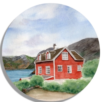 Untersetzer Glasuntersetzer rund 9,5 cm Aquarell Kunst Druck Kunstdruck Norwegen Norge Norway Eisfjord Fjord Gletscher Haus am Fjord