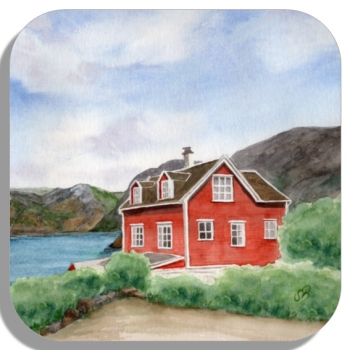 Untersetzer Glasuntersetzer 9,5 x 9,5 cm Aquarell Kunst Druck Kunstdruck Norwegen Norge Norway Eisfjord Fjord Gletscher Haus am Fjord