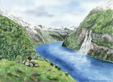 Postcard DIN-A6  watercolor art print Norway Norge Geiranger Fjord - The Seven Sisters - Waterfall - NO30