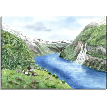 Stretcher frame canvas 30 x 20 cm linen  watercolor art print Norway Norge Geiranger Fjord - The Seven Sisters - Waterfall - NO30
