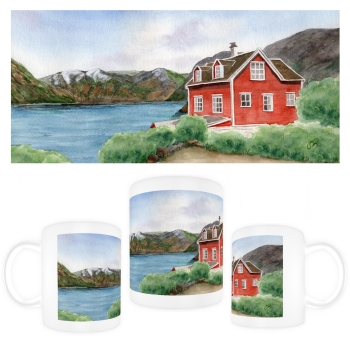 Tasse Becher Kaffeebecher  Aquarell Kunst Druck Kunstdruck Norwegen Norge Norway Eisfjord Fjord Gletscher Haus am Fjord