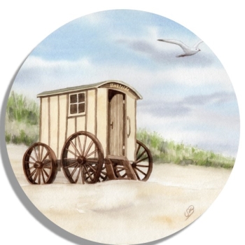 Untersetzer Glasuntersetzer rund 9,5 cm Aquarell Maritim Kunst Druck Kunstdruck Nordsee Norderney Badekarren Insel Strand Düne
