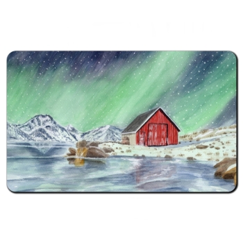 Frühstücksbrettchen Brettchen Aquarell Kunst Druck Kunstdruck Norwegen Norge Norway Eisfjord Fjord Gletscher Haus am Fjord Polarlichter