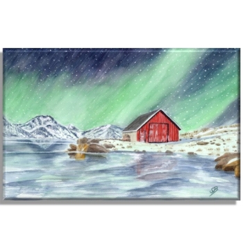 Leinwand 30 x 20 cm Keilrahmen Canvas-Leinen Aquarell Kunst Druck Kunstdruck Norwegen Norge Norway Eisfjord Fjord Gletscher Haus am Fjord Polarlichter