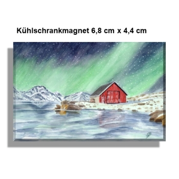 Kühlschrankmagnet  Aquarell Kunst Druck Kunstdruck Norwegen Norge Norway Eisfjord Fjord Gletscher Haus am Fjord Polarlichter