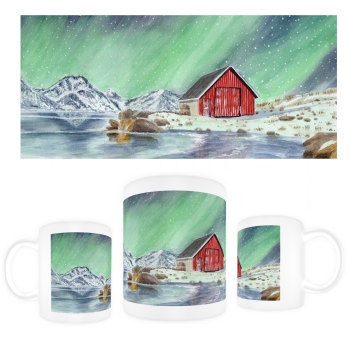 Tasse Becher Kaffeebecher  Aquarell Kunst Druck Kunstdruck Norwegen Norge Norway Eisfjord Fjord Gletscher Haus am Fjord Polarlichter