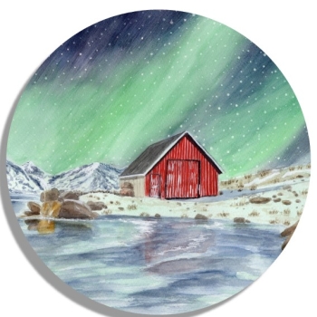 Untersetzer Glasuntersetzer rund 9,5 cm Aquarell Kunst Druck Kunstdruck Norwegen Norge Norway Eisfjord Fjord Gletscher Haus am Fjord Polarlichter