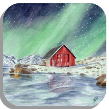 Untersetzer Glasuntersetzer 9,5 x 9,5 cm Aquarell Kunst Druck Kunstdruck Norwegen Norge Norway Eisfjord Fjord Gletscher Haus am Fjord Polarlichter