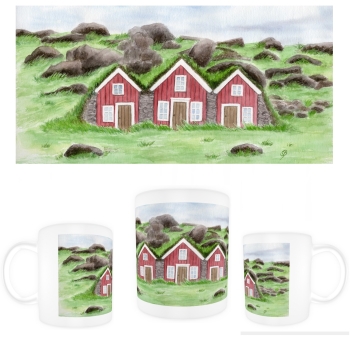 Tasse Becher Kaffeebecher  Aquarell Kunst Druck Kunstdruck  Feenhäuser Island Märchen